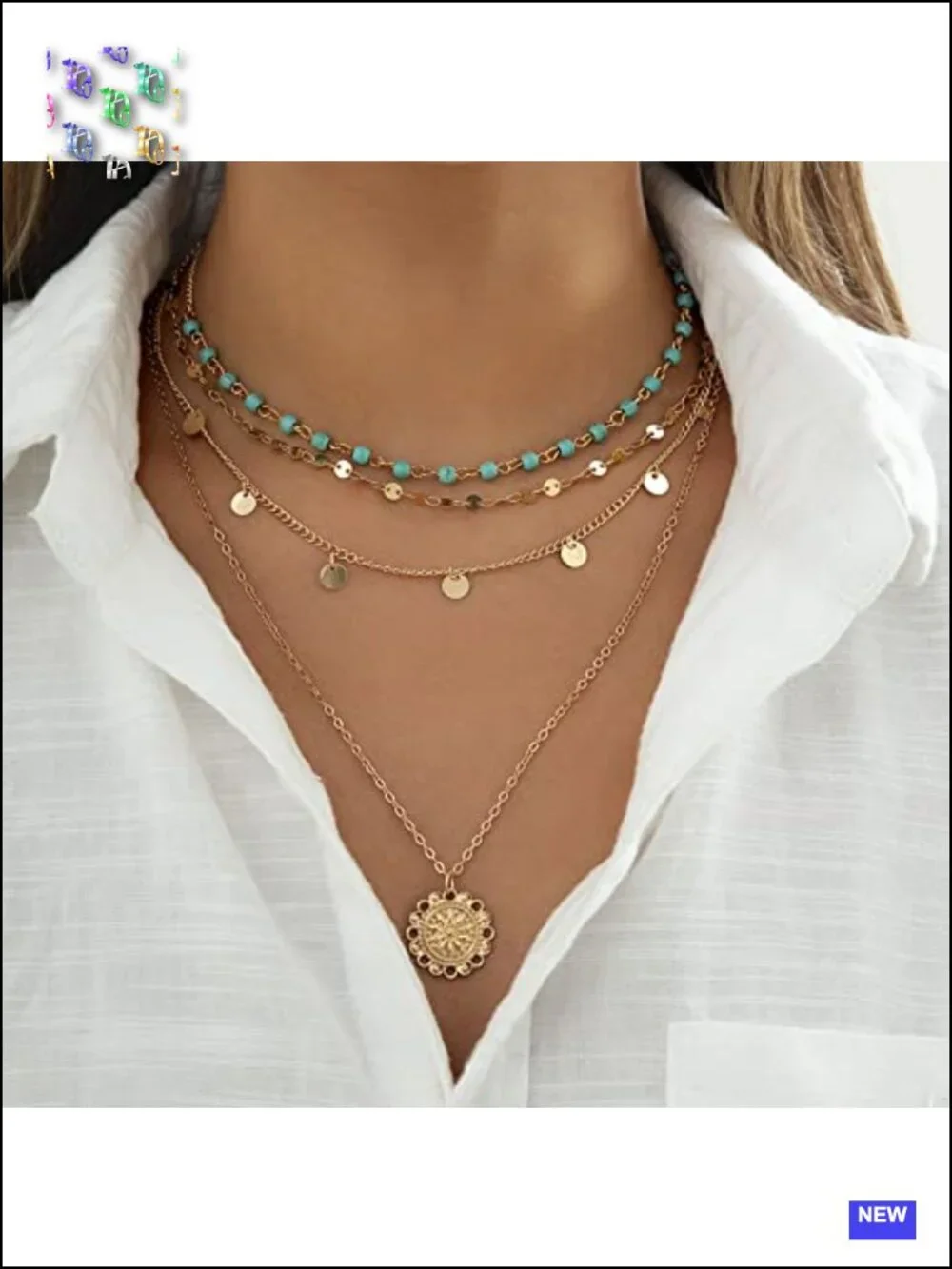 Boho Turquoise Coin Pendant Necklace Set Gold Plated Alloy 4pc Layered